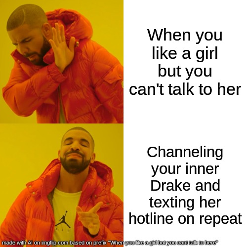 Drake | When you like a girl but you can't talk to her; Channeling your inner Drake and texting her hotline on repeat | image tagged in memes,drake hotline bling | made w/ Imgflip meme maker