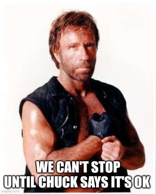 WE CAN'T STOP UNTIL CHUCK SAYS IT'S OK | image tagged in memes,chuck norris flex,chuck norris | made w/ Imgflip meme maker