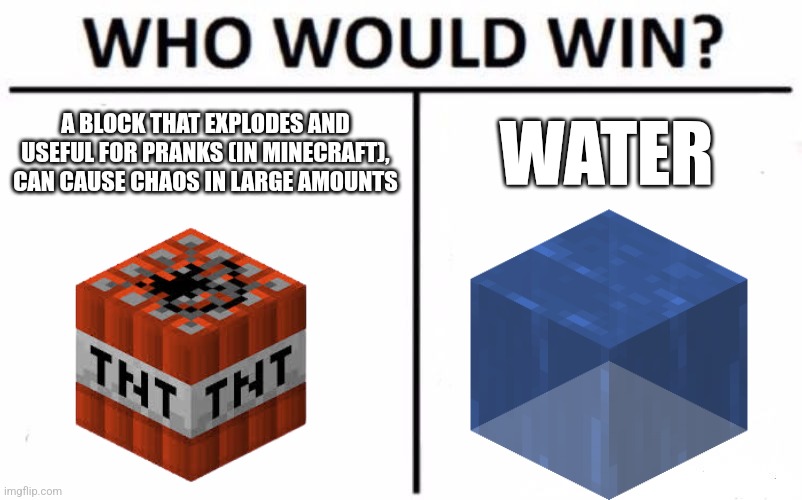 Who Would Win? | A BLOCK THAT EXPLODES AND USEFUL FOR PRANKS (IN MINECRAFT), CAN CAUSE CHAOS IN LARGE AMOUNTS; WATER | image tagged in memes,who would win | made w/ Imgflip meme maker