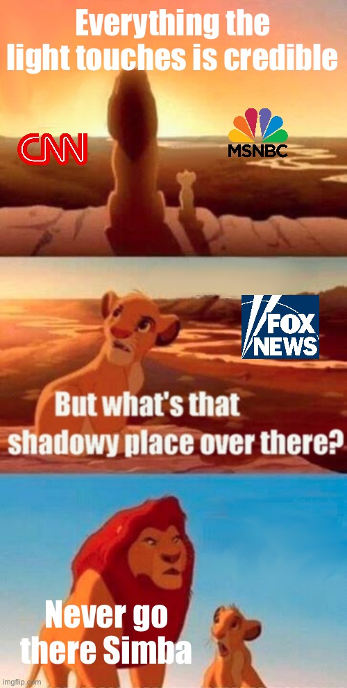 Never go there Simba | Everything the light touches is credible; Never go there Simba | image tagged in memes,simba shadowy place,msnbc,cnn,fox news | made w/ Imgflip meme maker
