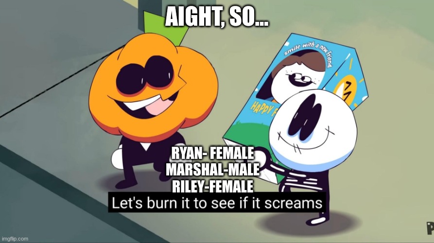 For context, check my last post. | AIGHT, SO... RYAN- FEMALE

MARSHAL-MALE
RILEY-FEMALE | image tagged in let's burn it to see if it screams | made w/ Imgflip meme maker