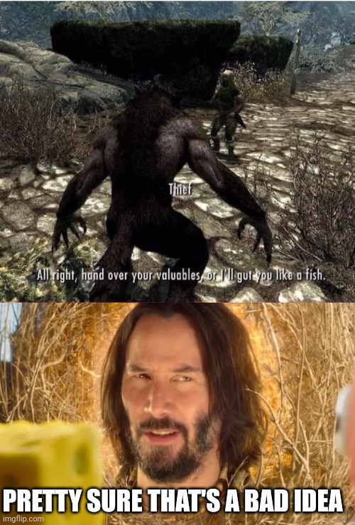 THIS THIEF IS GONNA HAND OVER HIS INSIDES | PRETTY SURE THAT'S A BAD IDEA | image tagged in pretty sure it doesn't,skyrim,fail,skyrim meme,video games | made w/ Imgflip meme maker