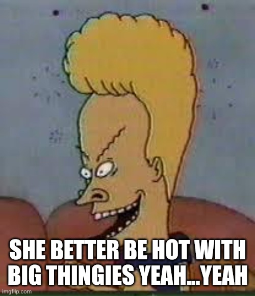 beavis | SHE BETTER BE HOT WITH BIG THINGIES YEAH...YEAH | image tagged in beavis | made w/ Imgflip meme maker