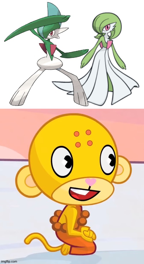 Buddhist Monkey loves Gallade and Gardevoir as a couple | image tagged in happy buddhist monkey htf | made w/ Imgflip meme maker