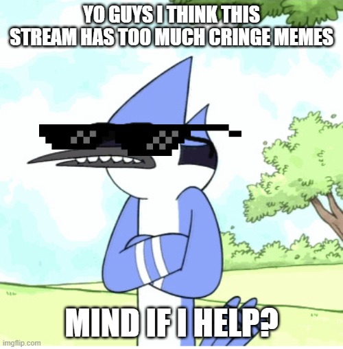 mordecai regular show shades lame | YO GUYS I THINK THIS STREAM HAS TOO MUCH CRINGE MEMES; MIND IF I HELP? | image tagged in mordecai regular show shades lame | made w/ Imgflip meme maker