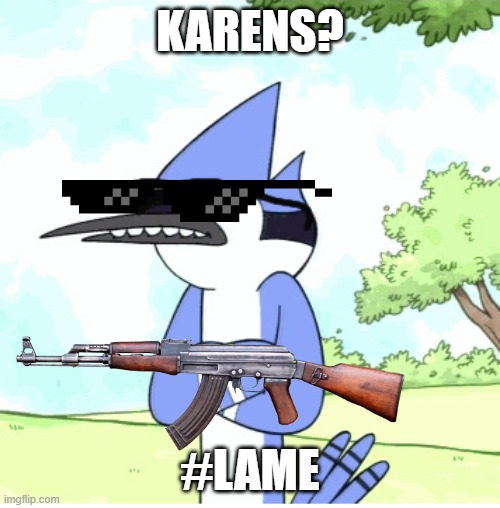 mordecai regular show shades lame | KARENS? #LAME | image tagged in mordecai regular show shades lame | made w/ Imgflip meme maker