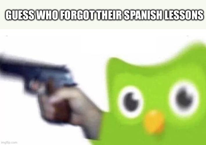 duolingo gun | GUESS WHO FORGOT THEIR SPANISH LESSONS | image tagged in duolingo gun | made w/ Imgflip meme maker