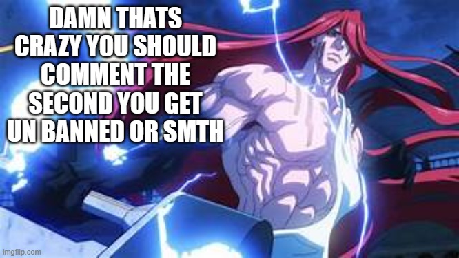 Low tier Thor no text | DAMN THATS CRAZY YOU SHOULD COMMENT THE SECOND YOU GET UN BANNED OR SMTH | image tagged in low tier thor no text | made w/ Imgflip meme maker