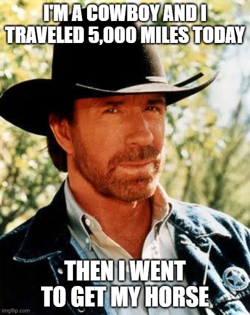 Chuck Norris Meme | I'M A COWBOY AND I TRAVELED 5,000 MILES TODAY; THEN I WENT TO GET MY HORSE | image tagged in memes,chuck norris | made w/ Imgflip meme maker