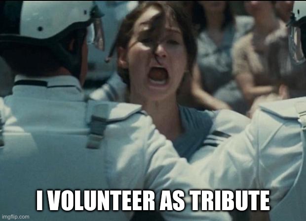 I volunteer | I VOLUNTEER AS TRIBUTE | image tagged in i volunteer | made w/ Imgflip meme maker