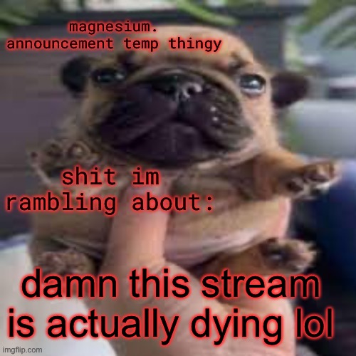 pug temp | damn this stream is actually dying lol | image tagged in pug temp | made w/ Imgflip meme maker