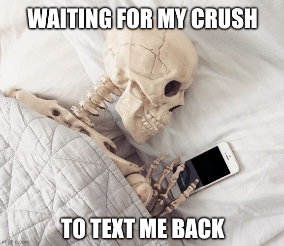 Waiting for my crush to text me back | WAITING FOR MY CRUSH; TO TEXT ME BACK | image tagged in sleepy skeloton,waiting skeleton,crush,dating,relationships,texting | made w/ Imgflip meme maker