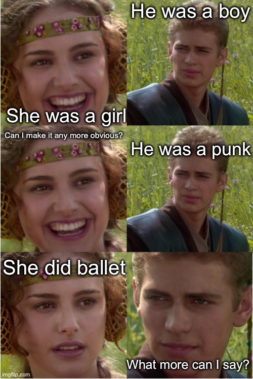What more can I say? | He was a boy; She was a girl; Can I make it any more obvious? He was a punk; She did ballet; What more can I say? | image tagged in padawan | made w/ Imgflip meme maker