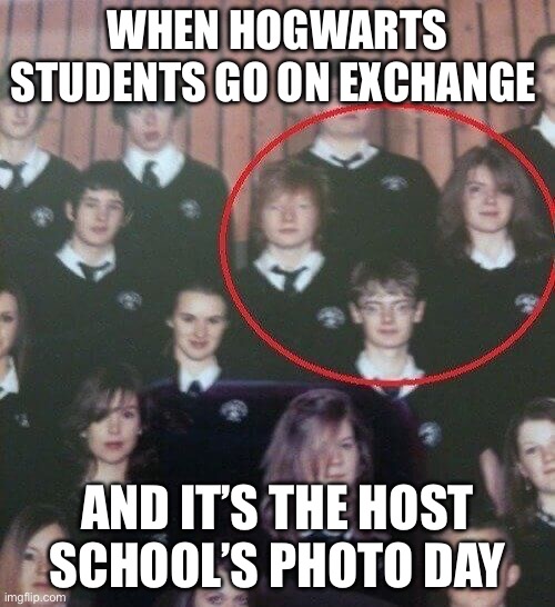 Hogwarts | WHEN HOGWARTS STUDENTS GO ON EXCHANGE; AND IT’S THE HOST SCHOOL’S PHOTO DAY | image tagged in hogwarts,harry potter,hermione granger,ron weasley | made w/ Imgflip meme maker