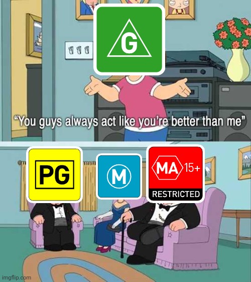 Using Family Guy To Illustrate Australia's Media Age Rating System | image tagged in you guys always act like you're better than me,australian classification board,g,pg,m,age ratings | made w/ Imgflip meme maker