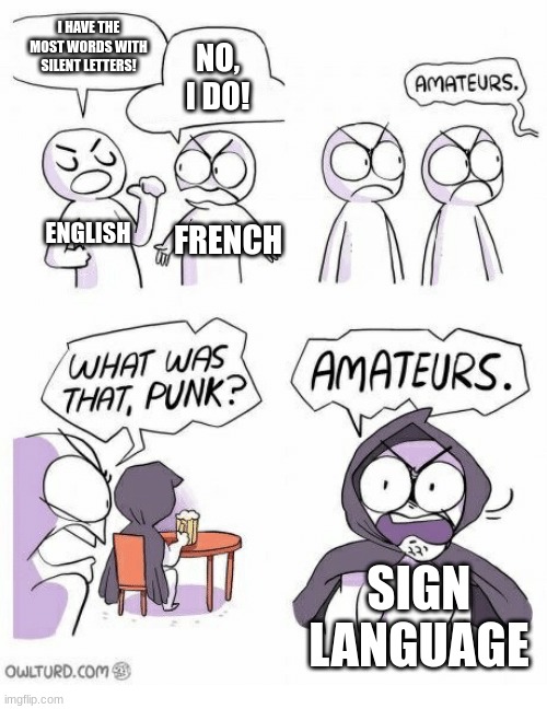 Did you know that "v" is the only letter in the English language that is never silent? | I HAVE THE MOST WORDS WITH SILENT LETTERS! NO, I DO! ENGLISH; FRENCH; SIGN LANGUAGE | image tagged in amateurs,language,sign language,english,french | made w/ Imgflip meme maker