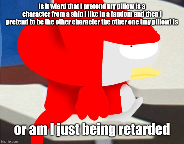 ☠️ | is it wierd that I pretend my pillow is a character from a ship I like in a fandom and then I pretend to be the other character the other one (my pillow) is; or am I just being retarded | image tagged in bro is staring at you | made w/ Imgflip meme maker