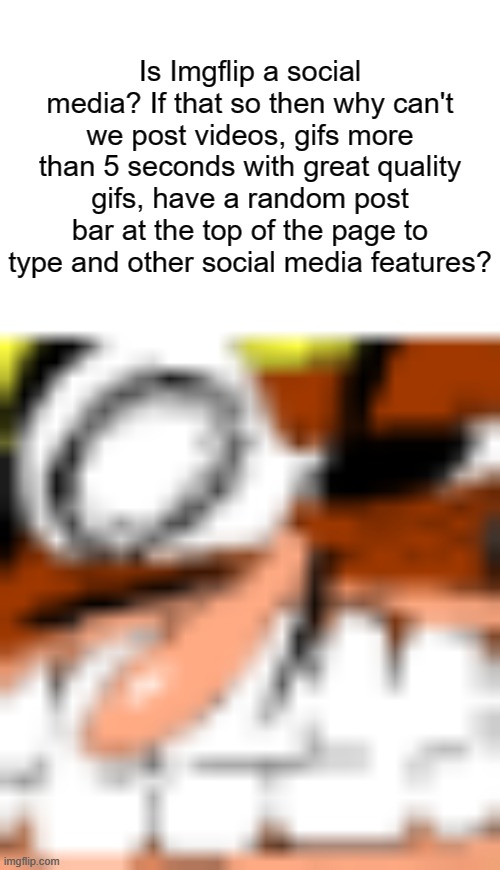 isn't that stupid? | Is Imgflip a social media? If that so then why can't we post videos, gifs more than 5 seconds with great quality gifs, have a random post bar at the top of the page to type and other social media features? | image tagged in memes | made w/ Imgflip meme maker