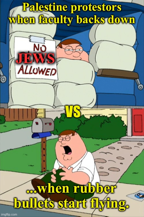 Sums it Up | Palestine protestors when faculty backs down; JEWS; VS; ...when rubber bullets start flying. | image tagged in peter griffin shin,peter griffin,palestine | made w/ Imgflip meme maker