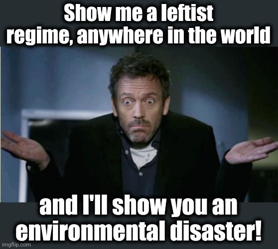 SHRUG | Show me a leftist regime, anywhere in the world and I'll show you an
environmental disaster! | image tagged in shrug | made w/ Imgflip meme maker