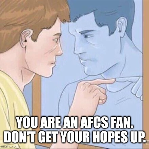 Pointing mirror guy | YOU ARE AN AFCS FAN. DON'T GET YOUR HOPES UP. | image tagged in pointing mirror guy | made w/ Imgflip meme maker