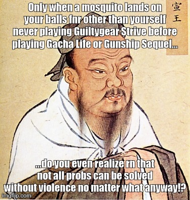 Confucius be like: | Only when a mosquito lands on your balls fnr other than yourself never playing Guiltygear Strive before playing Gacha Life or Gunship Sequel... ...do you even realize rn that not all probs can be solved without violence no matter what anyway!? | image tagged in confucius says,gaming,memes,goofy ahh,fun | made w/ Imgflip meme maker