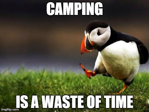 Unpopular Opinion Puffin Meme | CAMPING IS A WASTE OF TIME | image tagged in memes,unpopular opinion puffin,AdviceAnimals | made w/ Imgflip meme maker