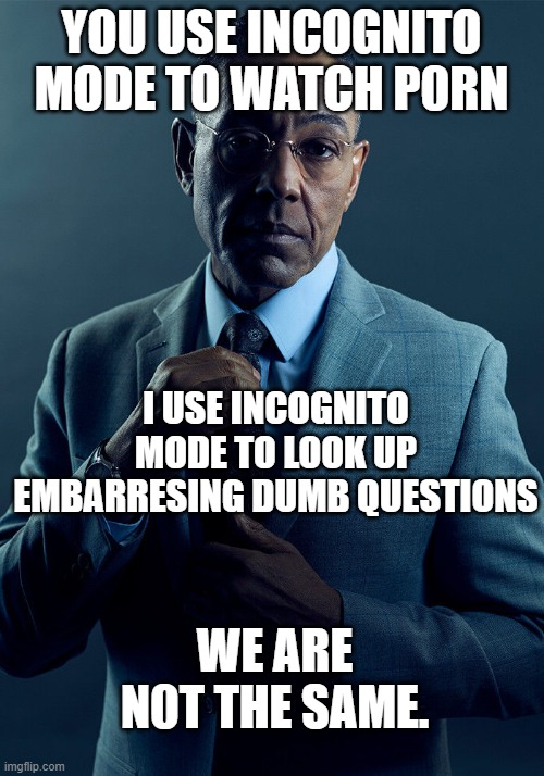 The question needs and answer... | YOU USE INCOGNITO MODE TO WATCH P0RN; I USE INCOGNITO MODE TO LOOK UP EMBARRESING DUMB QUESTIONS; WE ARE N0T THE SAME. | image tagged in gus fring we are not the same,i don't need sleep i need answers,incognito,sussy | made w/ Imgflip meme maker