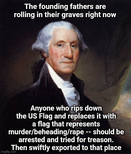 George Washington | The founding fathers are rolling in their graves right now; Anyone who rips down the US Flag and replaces it with a flag that represents murder/beheading/rape -- should be arrested and tried for treason.  Then swiftly exported to that place | image tagged in memes,george washington | made w/ Imgflip meme maker