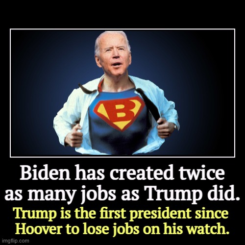 Do you know why? Because Trump doesn't care. | Biden has created twice as many jobs as Trump did. | Trump is the first president since 
Hoover to lose jobs on his watch. | image tagged in funny,demotivationals,biden,create,jobs,trump | made w/ Imgflip demotivational maker