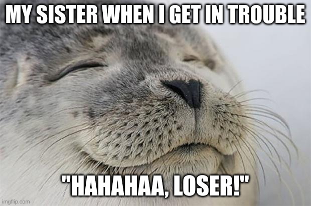 Satisfied Seal Meme | MY SISTER WHEN I GET IN TROUBLE; "HAHAHAA, LOSER!" | image tagged in memes,satisfied seal | made w/ Imgflip meme maker