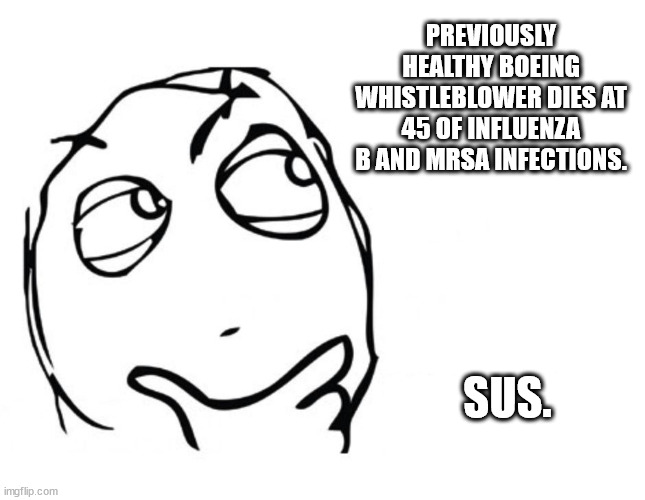 Hmmm. | PREVIOUSLY HEALTHY BOEING WHISTLEBLOWER DIES AT 45 OF INFLUENZA B AND MRSA INFECTIONS. SUS. | image tagged in hmmm | made w/ Imgflip meme maker