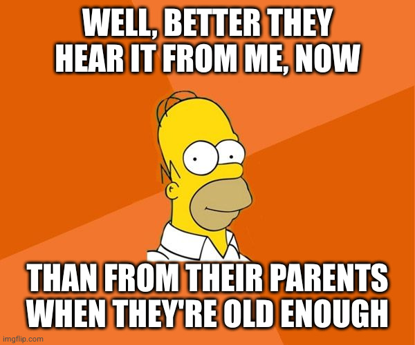 Homer Simpson | WELL, BETTER THEY HEAR IT FROM ME, NOW; THAN FROM THEIR PARENTS WHEN THEY'RE OLD ENOUGH | image tagged in homer simpson | made w/ Imgflip meme maker