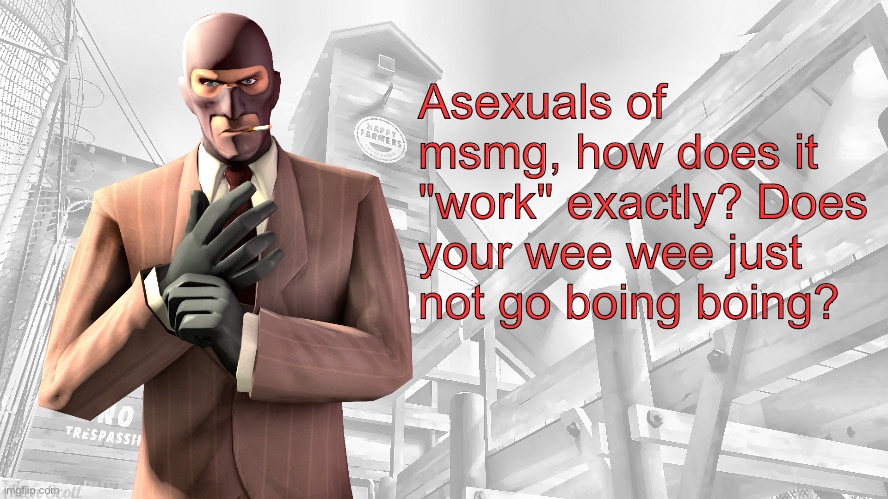 TF2 spy casual yapping temp | Asexuals of msmg, how does it "work" exactly? Does your wee wee just not go boing boing? | image tagged in tf2 spy casual yapping temp | made w/ Imgflip meme maker