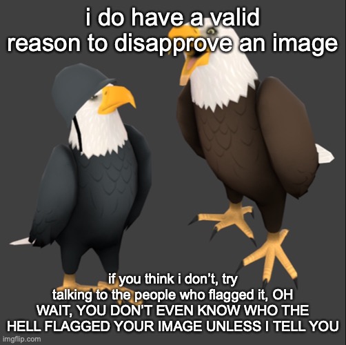 *cough cough* | i do have a valid reason to disapprove an image; if you think i don’t, try talking to the people who flagged it, OH WAIT, YOU DON’T EVEN KNOW WHO THE HELL FLAGGED YOUR IMAGE UNLESS I TELL YOU | image tagged in tf2 eagles | made w/ Imgflip meme maker