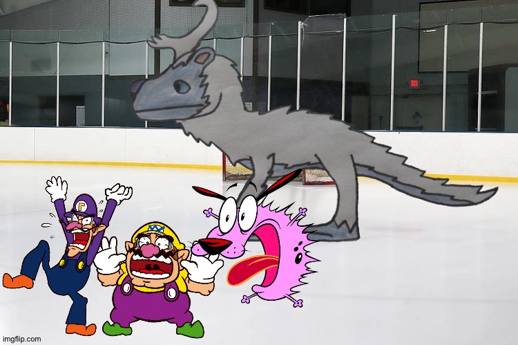 Wario,Waluigi and Courage dies by a Titanus yeti while skating at iceskating rink | image tagged in empty rink,wario dies,waluigi,courage the cowardly dog,crossover | made w/ Imgflip meme maker