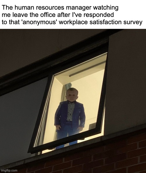 I only made constructive comments | The human resources manager watching me leave the office after I've responded to that 'anonymous' workplace satisfaction survey | image tagged in hasbullah,survey,hr | made w/ Imgflip meme maker