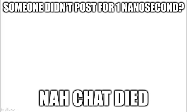 white background | SOMEONE DIDN'T POST FOR 1 NANOSECOND? NAH CHAT DIED | image tagged in white background | made w/ Imgflip meme maker