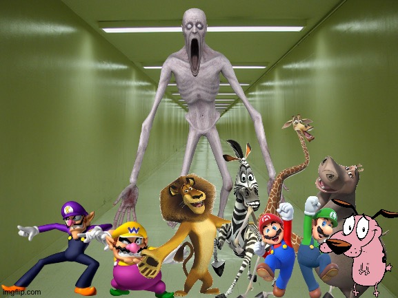 Wario and Friends dies by SCP-096 because of Waluigi provoking it while exploring in a Abandoned building's hallway | image tagged in long hallway,madagascar,wario dies,courage the cowardly dog,super mario,crossover | made w/ Imgflip meme maker