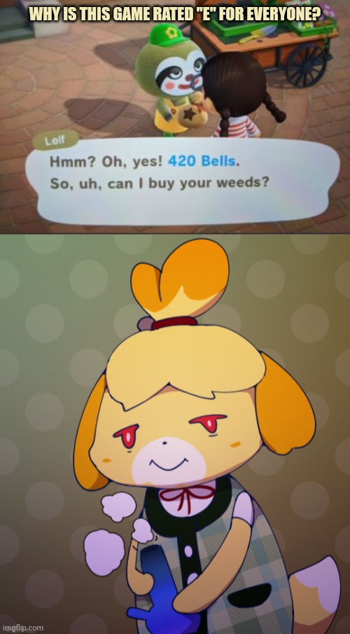 No this is not ok | WHY IS THIS GAME RATED "E" FOR EVERYONE? | image tagged in isabelle,animal crossing,weed,stop it get some help | made w/ Imgflip meme maker