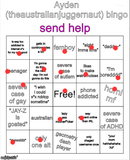 image tagged in ayden theaustralianjuggernaut bingo | made w/ Imgflip meme maker