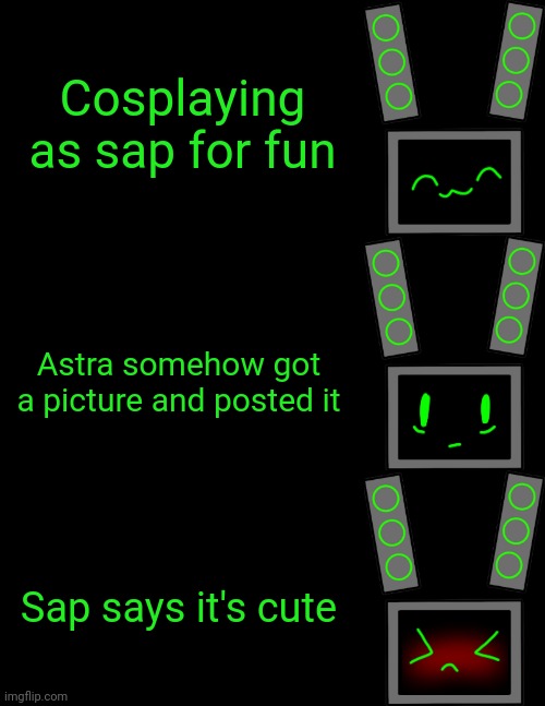 Cosplaying as sap for fun; Astra somehow got a picture and posted it; Sap says it's cute | image tagged in blank data face,black box | made w/ Imgflip meme maker