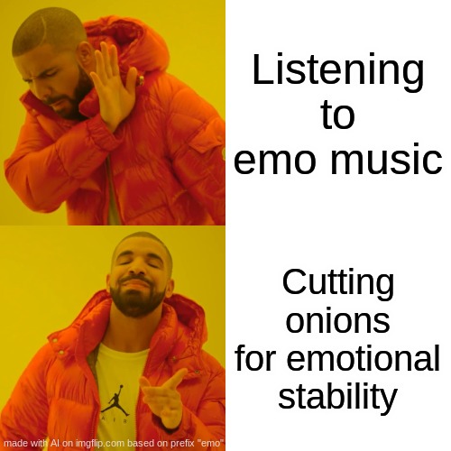 what | Listening to emo music; Cutting onions for emotional stability | image tagged in memes,drake hotline bling | made w/ Imgflip meme maker