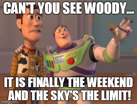 X, X Everywhere Meme | CAN'T YOU SEE WOODY... IT IS FINALLY THE WEEKEND AND THE SKY'S THE LIMIT! | image tagged in memes,x x everywhere | made w/ Imgflip meme maker