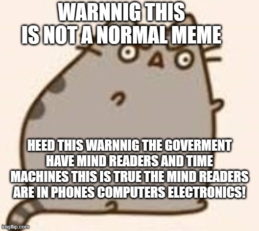 Beleavie me this is true the government hides secrets... so many | WARNNIG THIS IS NOT A NORMAL MEME; HEED THIS WARNNIG THE GOVERMENT HAVE MIND READERS AND TIME MACHINES THIS IS TRUE THE MIND READERS ARE IN PHONES COMPUTERS ELECTRONICS! | image tagged in y u no pusheen | made w/ Imgflip meme maker