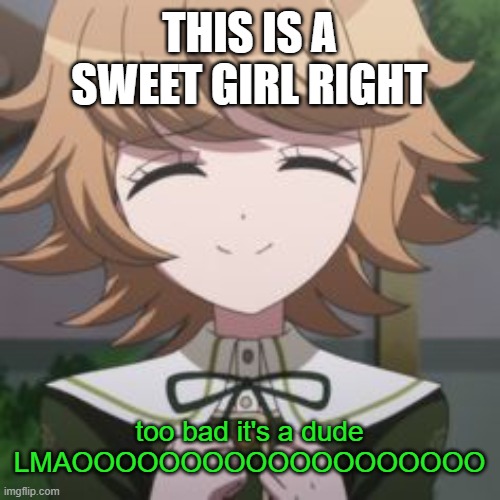 "That's right! Chihiro Fujisaki was a boy!!" "The fu-" | THIS IS A SWEET GIRL RIGHT; too bad it's a dude LMAOOOOOOOOOOOOOOOOOOO | image tagged in chihiro | made w/ Imgflip meme maker