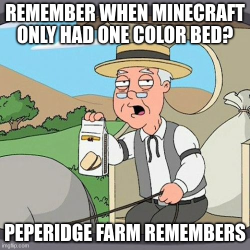 It's me CHEEEZ. Had to make a new account. | REMEMBER WHEN MINECRAFT ONLY HAD ONE COLOR BED? PEPERIDGE FARM REMEMBERS | image tagged in memes,pepperidge farm remembers | made w/ Imgflip meme maker