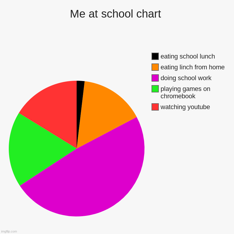 Me at school chart | watching youtube, playing games on chromebook, doing school work, eating linch from home, eating school lunch | image tagged in charts,pie charts | made w/ Imgflip chart maker