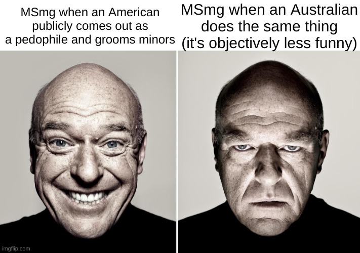 Dean Norris's reaction | MSmg when an American publicly comes out as a pedophile and grooms minors; MSmg when an Australian does the same thing (it's objectively less funny) | image tagged in dean norris's reaction | made w/ Imgflip meme maker