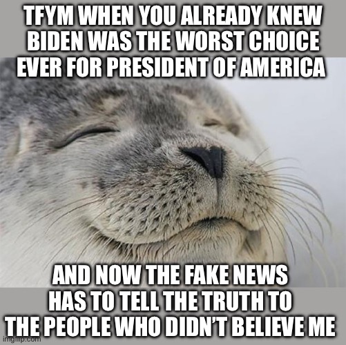 Satisfied Seal | TFYM WHEN YOU ALREADY KNEW BIDEN WAS THE WORST CHOICE EVER FOR PRESIDENT OF AMERICA; AND NOW THE FAKE NEWS HAS TO TELL THE TRUTH TO THE PEOPLE WHO DIDN’T BELIEVE ME | image tagged in memes,satisfied seal | made w/ Imgflip meme maker